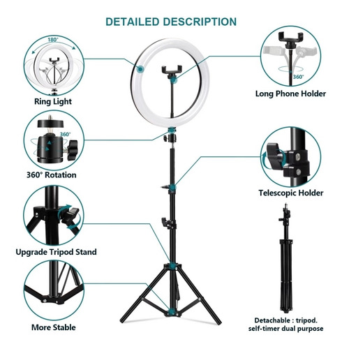 Imagen 2 de 6 de Aro De Luz Led 26cm + Soporte Para Celular + Trípode 2.10 M
