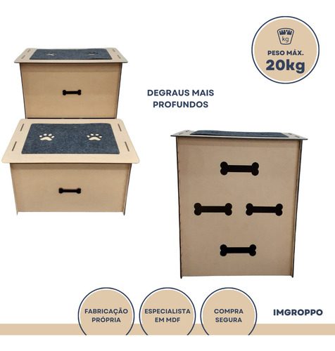 Escada Pet Mdf Cachorro IMGROPPO IMG0056 Carpete Antiderrapante 50cm Cor Cru