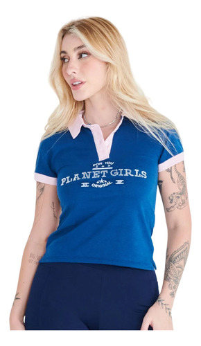 Blusa Polo Piquet Planet Girls Azul Escuro Paetê Feminina 