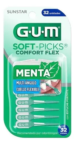 GUM - Soft-Picks Comfort Flex Palillos Interdentales con Menta Multi Ángulo Cuello Flexible para Espacios Pequeños y Encías Sensibles 32 Unidades