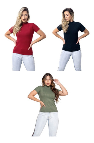 Kit 3 Blusa Canelada Manga Curta Gola Alta Moda Feminina 