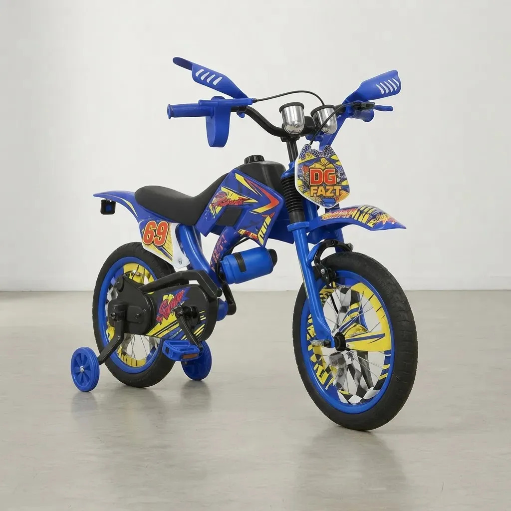 Bicicleta Moto Cross Aro 16 Azul para Niños con Ruedas de Entrenamiento