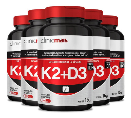 Kit 5x Vitamina K2 + Vitamina D3 30 Cápsulas Clinicmais