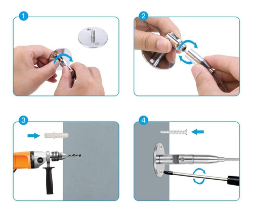 Imagen 4 de 5 de Kit Barral Tensor Cable De Acero Inoxidable Cortina Baño 003