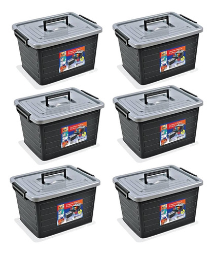 Kit 6 Caixas Organizadoras 50 Litros Preta Com Tampa E Rodas