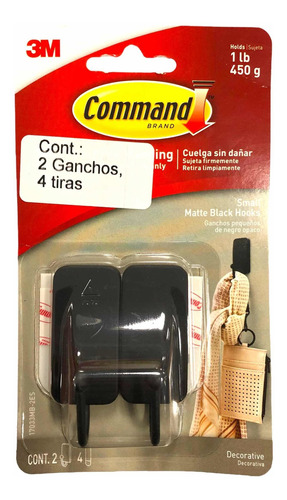 Set 2x Ganchos Perchero Negro Satin 3m Command Small Hooks B