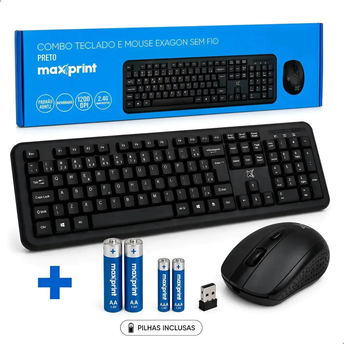 Kit Teclado Mouse Sem Fio Exagon Preto Abnt2 2.4g 1200 Dpi Usb 2.0 Pc Notebook Com Pilhas Inclusas
