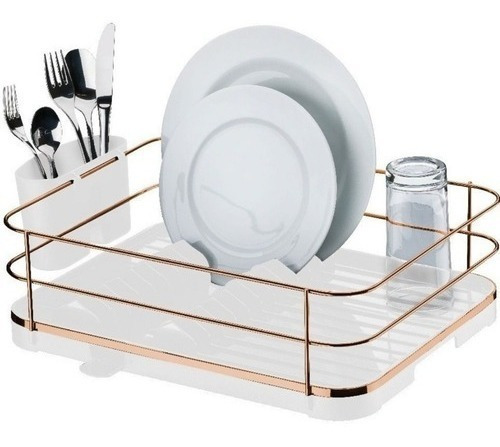 Escorre Louça Fácil Pratos + Porta Talheres Bandeja Bancada Cor Branco / Rose