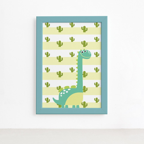 Quadro Infantil Dinossauro Baby Verde 22x32 Moldura Azul