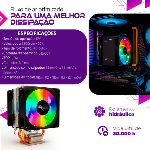 Cooler Duplo Rgb Para Processador Cpu Pc Gamer Intel Ryzen Am5 Am4 Am3 775 1150 1155 1200 1700 X99 Nano Bateria