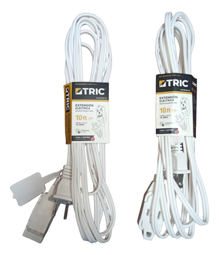 Extensión Eléctrica Blanca. 10ft Cable 2x18awg. 3 Tomas.