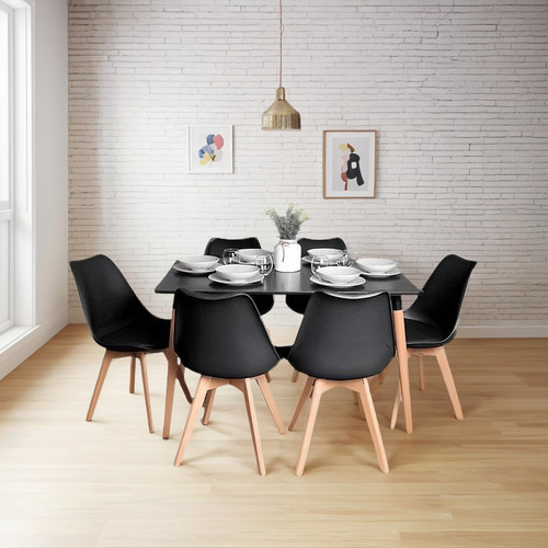 Comedor Mesa Rectangular Negra + 6 Sillas Tulip Negras