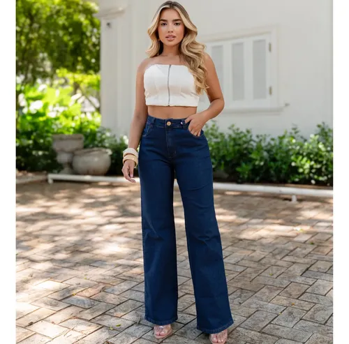 Calça Jeans Wide Leg Lycra Premium Cintura Alta Blogueira - R$ 60,64