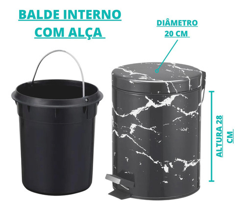 Lixeira De Banheiro Preta Inox Marmorizada Com Pedal 5 Lts