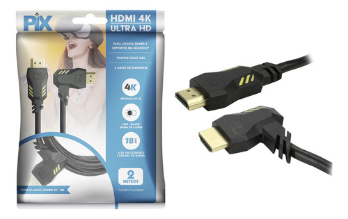 Cabo Hdmi 2.0 Gamer 2m 90 Graus 4k Ultra Hd 3d 19p 2 Metros - Pix