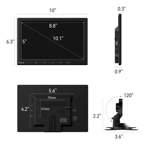 Monitor Lcd Para Pc De 10in Monitores Gamer Hdmi Vga Av Con