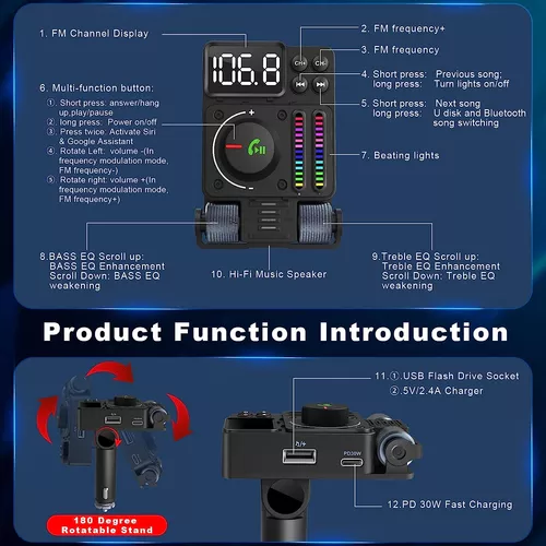  Hamourd Adaptador Bluetooth para coche - Transmisor FM Bluetooth  5.3, PD 30W tipo C carga rápida y puerto USB, reproductor de agudos y  graves de alta fidelidad, pantalla a color y