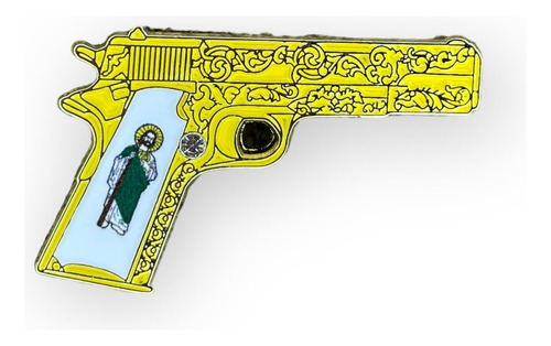 Pin Broche Pistola Dorada Cacha De San Judas Tadeo Belicon