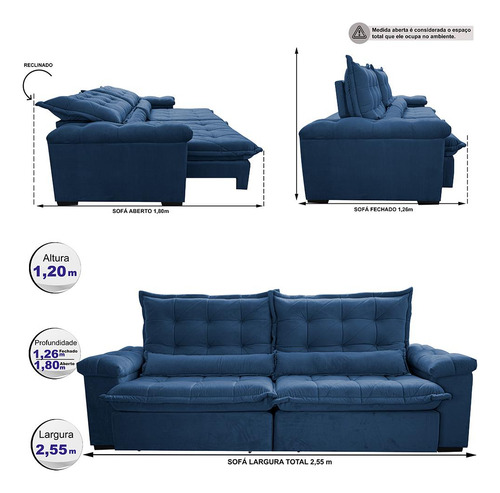 Sofá Retrátil 2,55m Cama Inbox Big Fresh. Com Softgel d40 Cor Azul