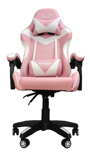 Silla de escritorio Kraken 1002 gamer ergonómica  rosa y blanca con tapizado de piel sintética y cuero sintético
