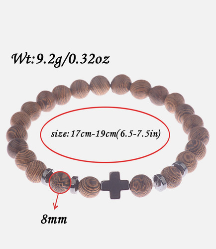 Pulsera De Piedra Natural Con Cruz Acero Brazalete Ajustable Café 17.5 Cm 17.5 Cm