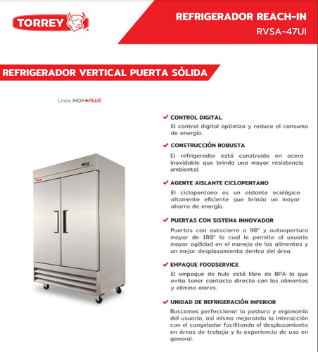 Refrigerador Torrey Vertical Rvsa-47 Pies Acero Inoxidable
