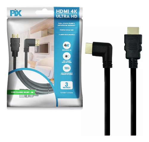 Cabo Hdmi 2.0 90º 4k 3d Ultrahd 19 Pinos Ps4 Xbox 3 Metros L