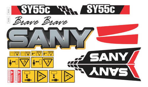 Kit Adesivo Escavadeira Hidráulica Sany Sy55c + Etiqueta Mk