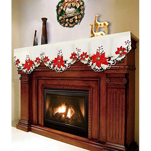 Mantel De Navidad Color Crema Poinsettia Bordada, Decor...