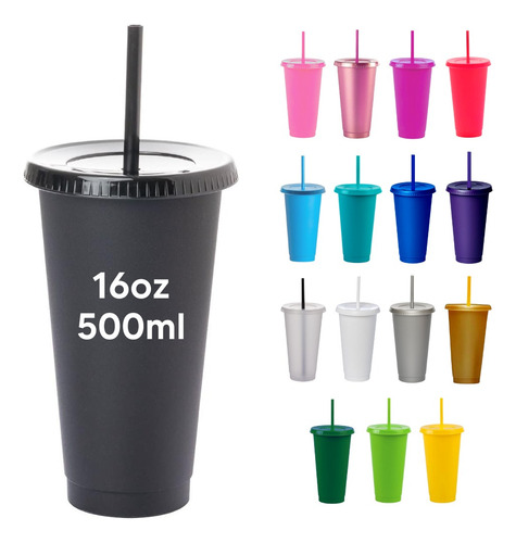 100 Vasos Reusables Con Tapa Popote De 16oz - Varios Colores
