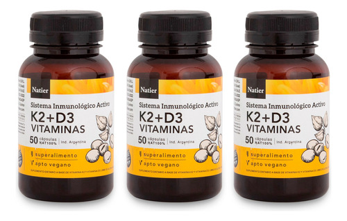 Natier Kit X3 K2 + D3 Suplemento Vegano Vitaminas Huesos 50c Sabor K2 - D3 Vitaminas