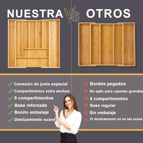 Organizador de cajones de cubiertos resistente con base reforzada y  divisores, organizador grande de cajones de cocina expandible, organizador