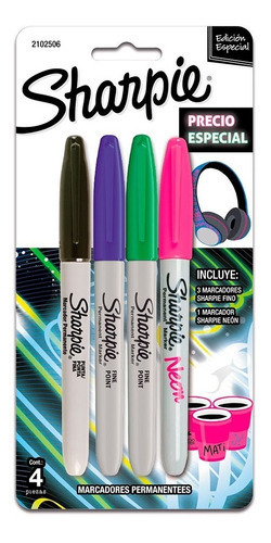 Marcadores Permanentes Sharpie Neon Punta Fina Escolar X4