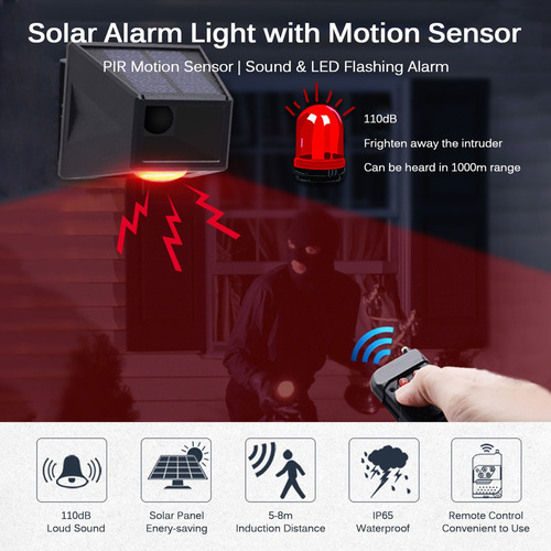 Sensor De Movimiento Solar Luz De Alarma 110db Gran Sirena