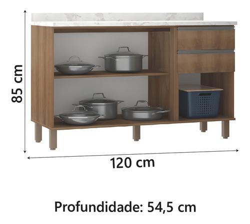 Balcão de Cozinha Triplo Com Tampo 3 Portas 2 Gavetas 1,20m Madeirado e Areia Diana Luciane