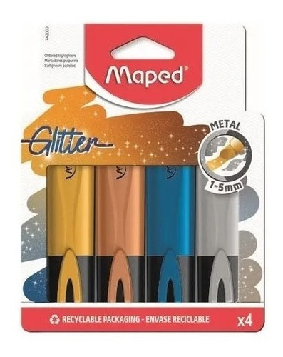 Imagen 2 de 6 de Resaltador Marcador Maped Glitter Pastel Pack X4 Colores Edu