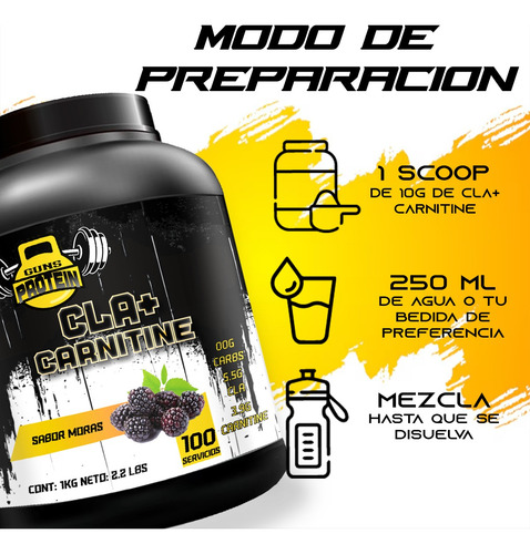 Cla + Carnitina 1kg Guns Suplements 100 Servs Pre Entreno Mora