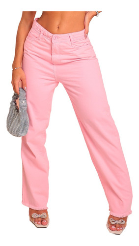 Calça Feminina Wide Leg Em Sarja Cós Alto Blogueira Rosa