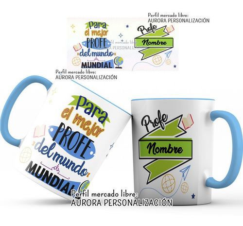 Mug Pocillo Nombre Profesor Taza Interior Y Oreja Azul