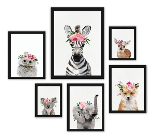 Quadros Infantis Animais Com Flores - Vidro E Moldura Branca