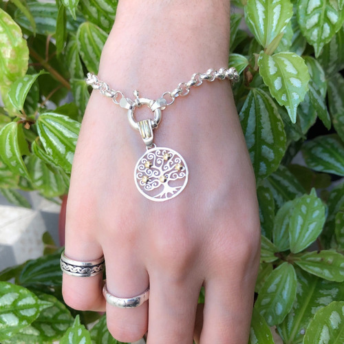 Pulsera Rolo 4,5 Mm Arbol De La Vida Plata Y Oro (i544)