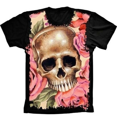 Camiseta Estilosa 3d Fullprint Skull Rosas