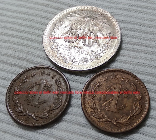 3 Monedas, 50 Centavos 1945 Plata Y Centavos Años 1942, 1947