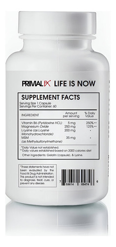 Magnesium + Lysine M6, 60 Capsulas Primal Fx Americano