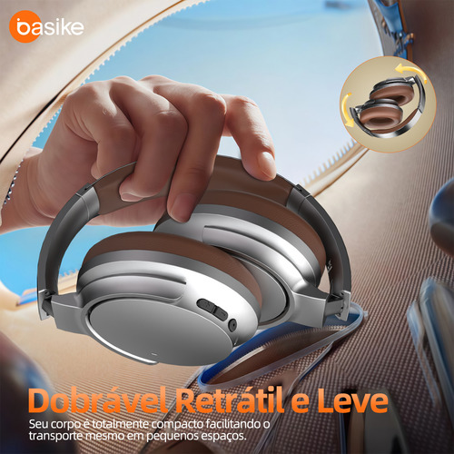 Basike Fone de Ouvido Over-Ear Sem Fio com ANC Ativo 80H Bateria Áudio HD Graves Intensos Espuma com Memória Perfeito para Viagens e Home Office (Prata)