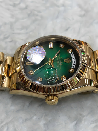 Relógio Rolex Daydate 36mm Verde Safira Perfeito Cx Simples Correia Dourado Bisel Dourado