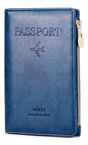 Cartera de pasaporte de cuero azul a la moda para mujer y hombre