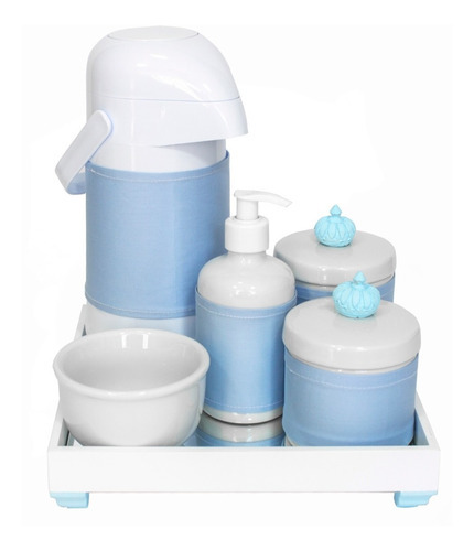 Kit Higiene Bandeja Porcelana Garrafa Bebê Urso Ursinho Azul Cor Coroa