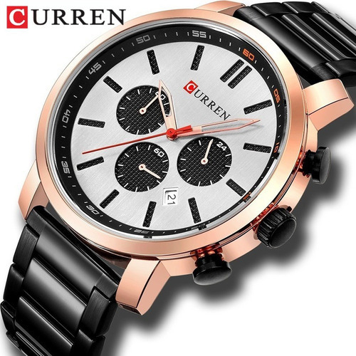Reloj Curren Quartz con calendario, acero inoxidable, resistente al agua, bisel, color gris rosa