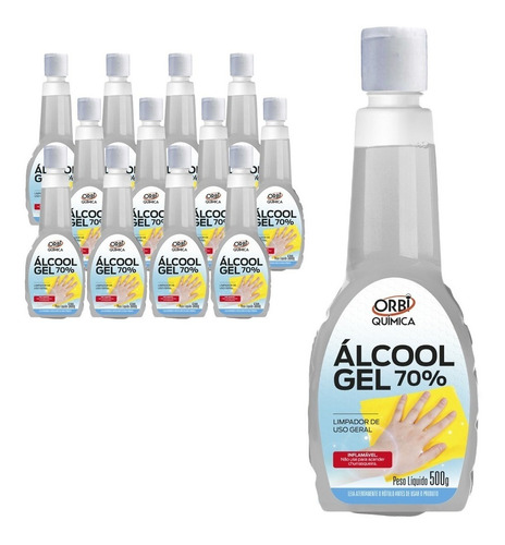 Kit 12 Álcool Gel Antisséptico P/ Mãos 70% 500 Ml 13608 Orbi